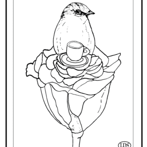 Black and white illustration featuring a wren sitting on a rose with a teacup. Drawn by Lisa Dunbar Solas